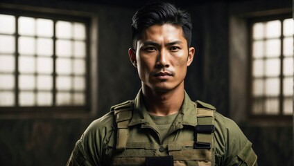 A serious Asian male soldier in olive drab stands alert in a vintage room with window light accentuating his features.