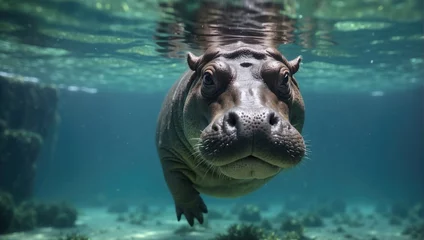 Foto op Plexiglas An underwater view of a hippopotamus submerged, in a natural aquatic environment. © Tom