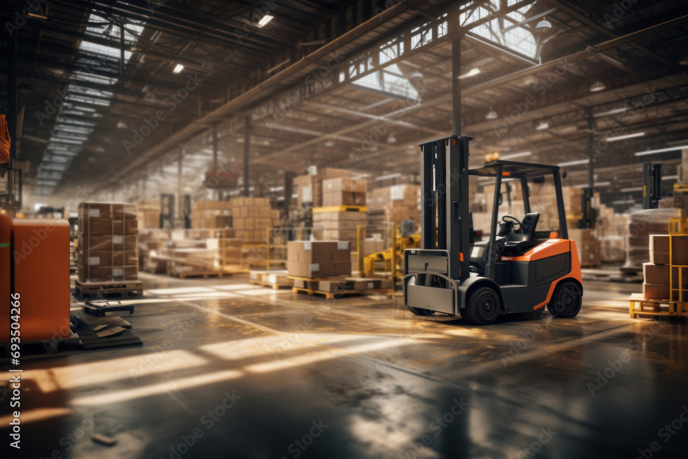 Poster forklifts navigating through a bustling warehouse, strategically organizing and transporting raw mat