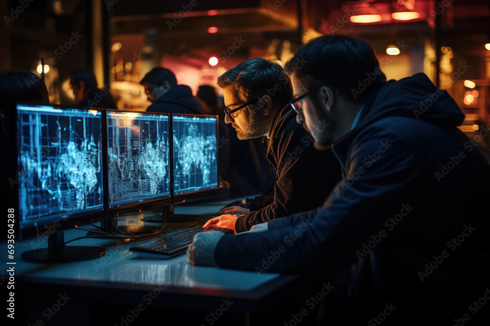 Poster engineers huddled around computer terminals, fine-tuning the parameters of automated systems to ensu