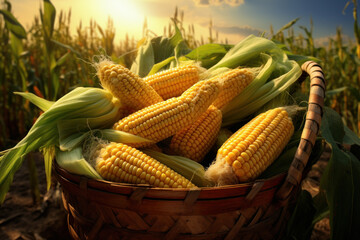 A basket of freshly picked corn on the cob, embodying the essence of summer and the joy of seasonal abundance. Concept of golden corn jubilation. Generative Ai.