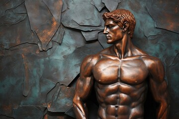 Fototapeta na wymiar A beautiful ancient bronze greek, roman stoic male statue, sculpture on a copper backdrop. Great for philosophy quotes.