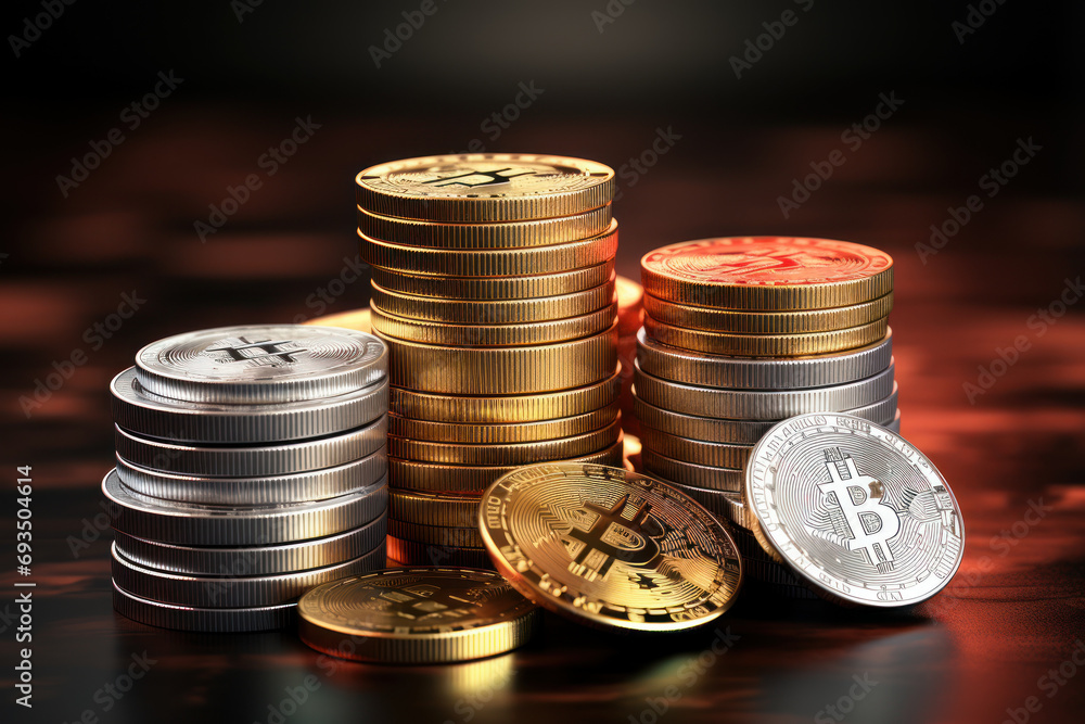 Poster a stack of cryptocurrency coins and tokens, representing the decentralized and evolving landscape of