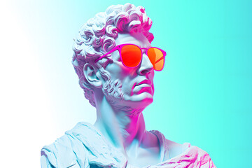 Ancient bust of a man wearing sunglasses. Sculpture with glasses isolated on white background 