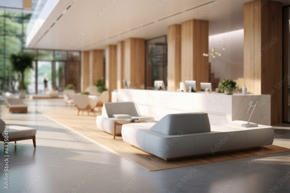 Poster a reception area with a sleek design, creating a professional and welcoming first impression for vis