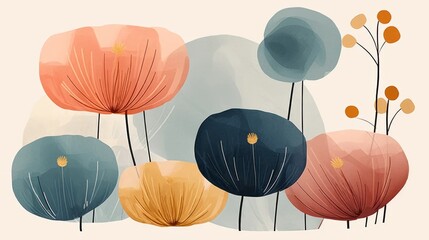 Floral illustration in minimalist style. Garden elements. Trees, leaves, plants, branches. Bright colors