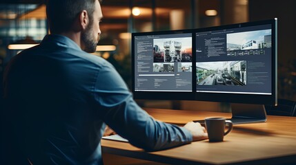 Fototapeta premium a male office worker looking at the monitor and working hard. generative AI 