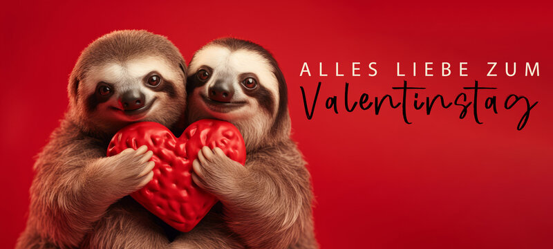 Alles Liebe zum Valentinstag, Gru&szlig;karte mit deutschem Text - Niedliches Faultier P&auml;&auml;rchen h&auml;lt rotes Herz , isoliert auf rotem Hintergrund