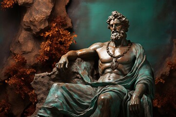 Fototapeta na wymiar A beautiful ancient bronze greek, roman stoic male statue, sculpture on a copper backdrop. Great for philosophy quotes.