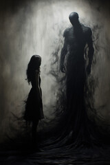 An artistic interpretation of toxic relationships as a dark, looming shadow enveloping two figures, signifying the overshadowing negativity within the connection.