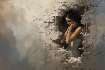 Fotobehang A digital painting of a person trying to hold together a crumbling wall, representing the ongoing effort to maintain emotional stability in the face of traumatic stress. © Oleksandr