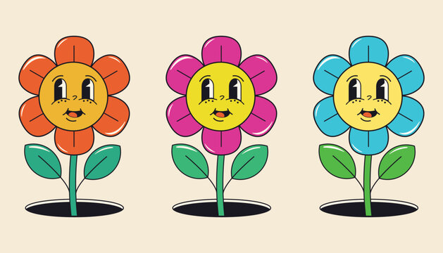 Naklejki Groovy flower cartoon characters. Funny happy daisy with eyes and smile. Sticker pack in trendy retro trippy style. Isolated vector illustration. Hippie 60s, 70s style.