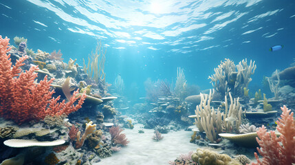An underwater scene with bleached coral reefs.