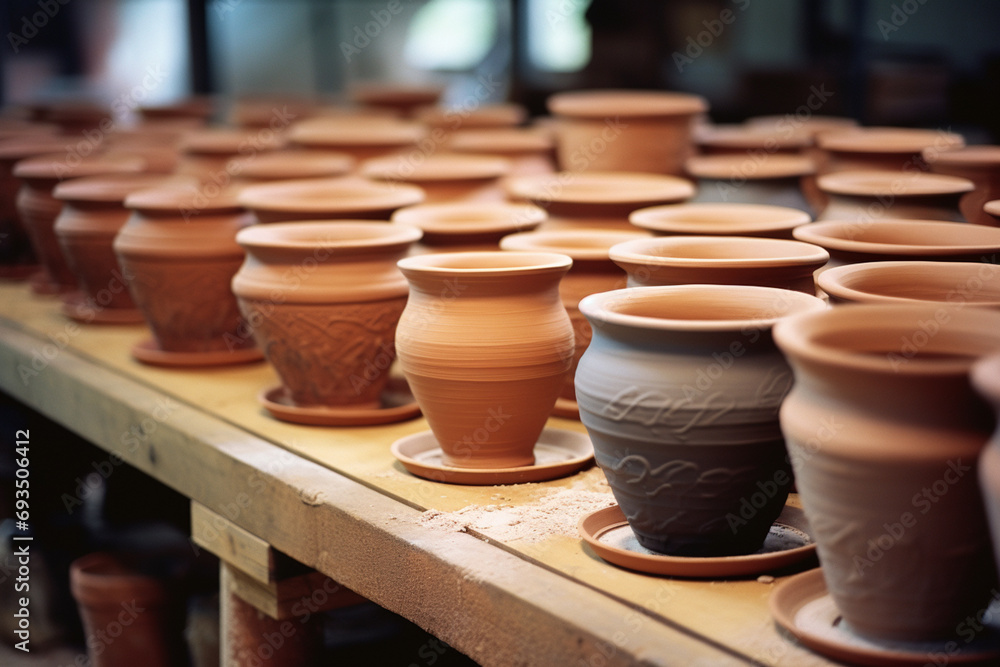 Poster a series of pots in various stages of completion on a potter's wheel.