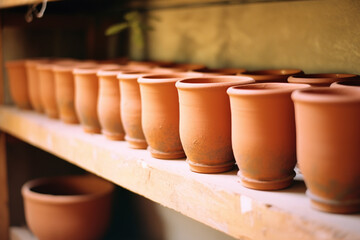 Naklejka premium A row of freshly thrown clay pots drying on a shelf.