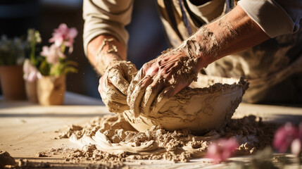 An artist's hands immersed in clay, molding a delicate vase. - obrazy, fototapety, plakaty