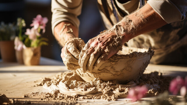 An artist's hands immersed in clay, molding a delicate vase.