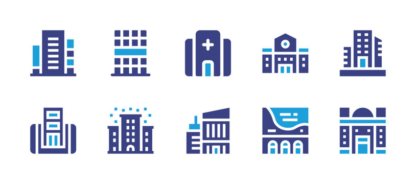 Building icon set. Duotone color. Vector illustration. Containing hospital, building, architecture, buildings, town, building automation.
