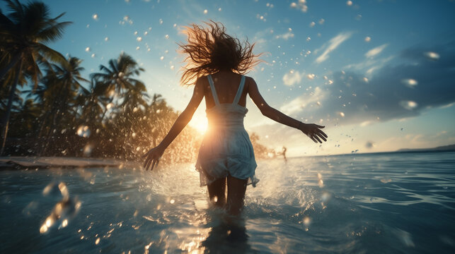 Ragazza corre felice nell'acqua di un mare di un isola tropicale al tramonto