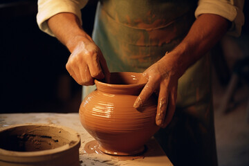 A potter smoothing the surface of a vase with a rib tool.