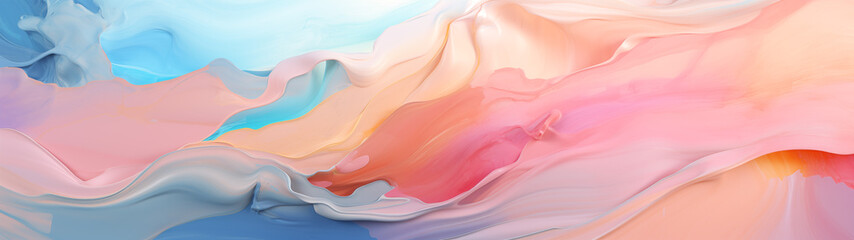 An abstract painting rendered in baby pink, orange, beige, and sky blue hues using oil paints for wallpaper, 32:9 ratio - obrazy, fototapety, plakaty