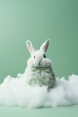 A rabbit-shaped cloud hopping across a light green background.