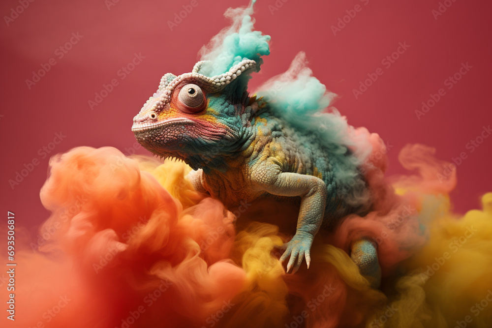 Poster a chameleon cloud blending into a multi-colored background.
