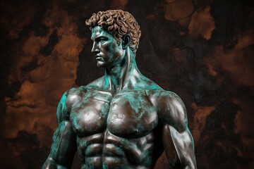 Fototapeta premium A beautiful ancient bronze greek, roman stoic male statue, sculpture on a copper backdrop. Great for philosophy quotes.