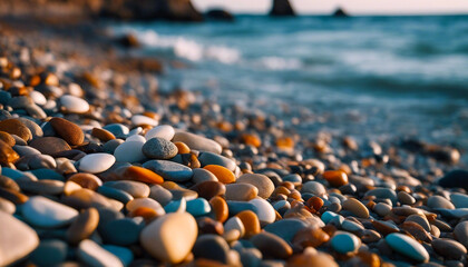 Fototapeta premium Multi-colored pebbles on the seashore. Smooth rocks at sunset Marine stones. AI generated
