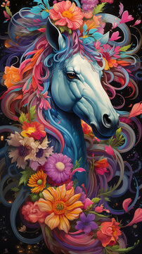Art illustration of horse surrounded by flowers
