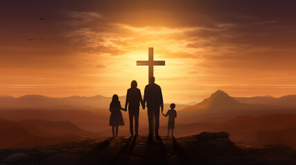 silhouette of Father, mother , son and daughter praying in front of giant Jesus Christ cross on the hill during sunset