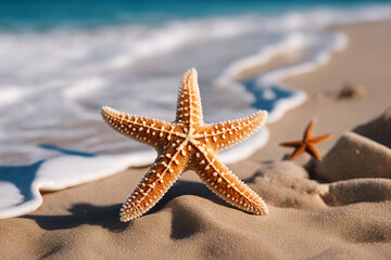 Fototapeta na wymiar Starfish on the beach. Starfish on the sand in the evening. AI generated