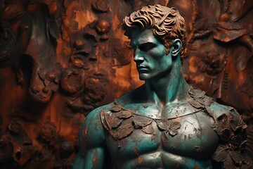 A beautiful ancient bronze greek, roman stoic male statue, sculpture on a copper backdrop. Great for philosophy quotes.