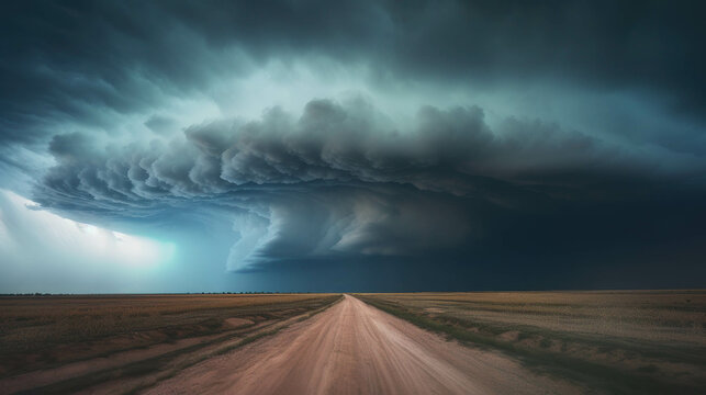 Stormy sky over an isolated dirt road in this dangerous image