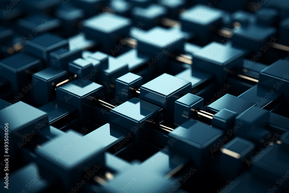 Poster minimalist interpretation of interconnected blocks symbolizing blockchain.