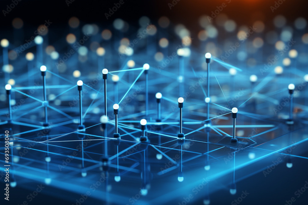Poster clean, linear illustration of a decentralized blockchain network.