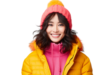 portrait photography of a beautiful brunette woman wearing bright colored puffer jacket and knitted hat, isolated on white background