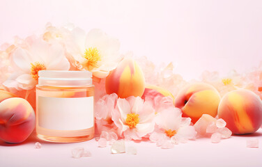 Fototapeta na wymiar Cosmetic cream, peaches and flowers on pink background. Colorful view of the website design in the style of Peach Fuzz color