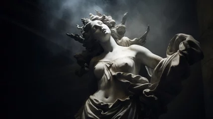 Ancient antique statue of female person in mystical haze on gloomy dark background, beautiful statue of young adult woman in aura of beauty and mystery in timeless allure © TRAVELARIUM