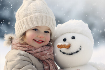 Portrait made with generative ai of cheerful cute child making snowman in park