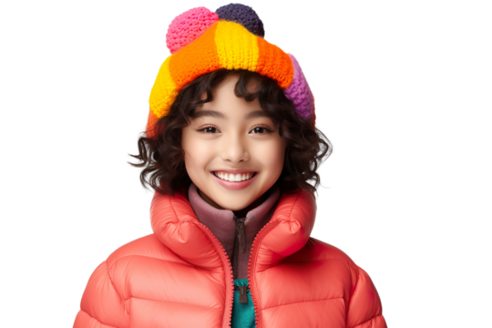 portrait photography of a beautiful brunette woman wearing bright colored puffer jacket and knitted hat, isolated on white background