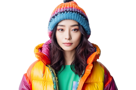portrait photography of a beautiful brunette woman wearing bright colored puffer jacket and knitted hat, isolated on white background