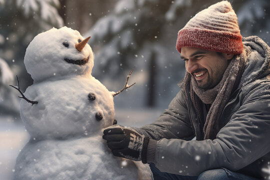 Generative ai image of funny cheerful man making snowman on winter day