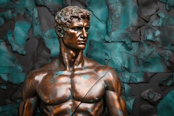 Obraz premium A beautiful ancient bronze greek, roman stoic male statue, sculpture on a copper backdrop. Great for philosophy quotes.