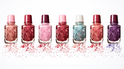 Collection of colorful nail polish bottles isolate