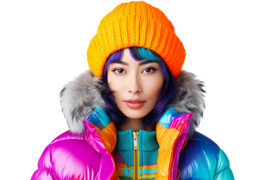 portrait photography of a beautiful brunette woman wearing bright colored puffer jacket and knitted hat, isolated on white background