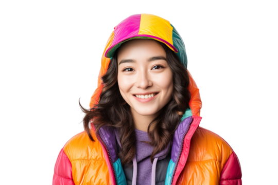 portrait photography of a beautiful brunette woman wearing bright colored puffer jacket and knitted hat, isolated on white background