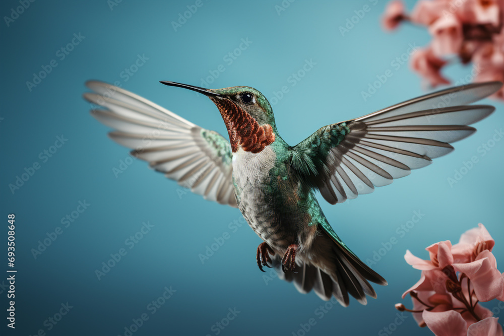 Poster linear and minimal portrayal of a hummingbird in flight, emphasizing the bird's rapid and agile move