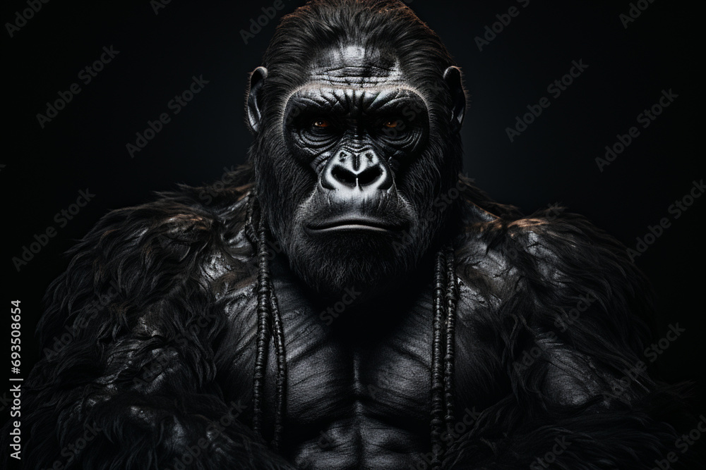 Poster sculpted and minimalistic representation of a gorilla, focusing on the strength and majesty of the p