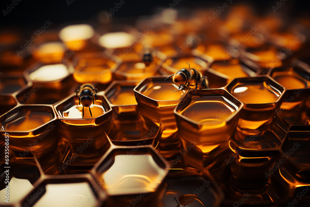 Poster abstract and minimal depiction of a bee hive, using geometric shapes to create a modern and artistic
